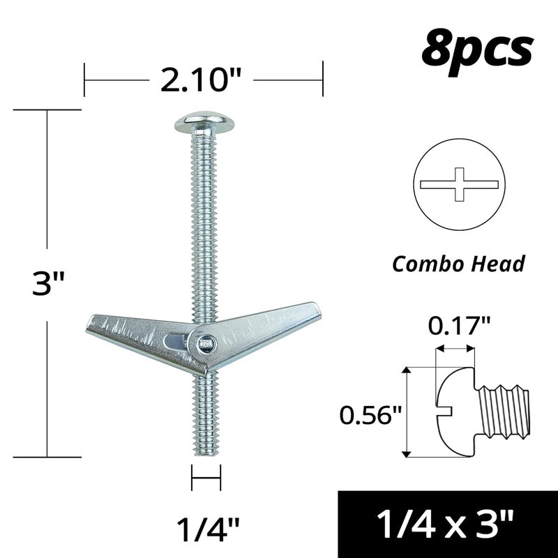 HASWARE Toggle Bolt Zinc Plated Steel and Wing Nut for Hanging Heavy Items on Drywall 1/4x3” (8 Pack) - Image 2